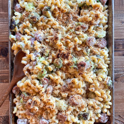 Sheet Pan Macaroni and Cheese with Chicken Sausage and Brussels Sprouts