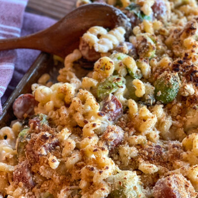 Sheet Pan Macaroni and Cheese with Chicken Sausage and Brussel Sprouts