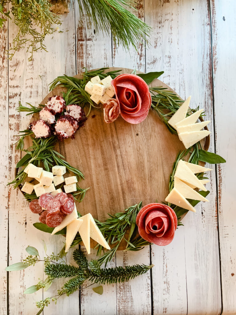 meat rosettes on a charcuterie wreath