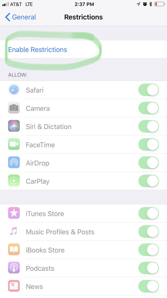 Enable Restrictions iPhone