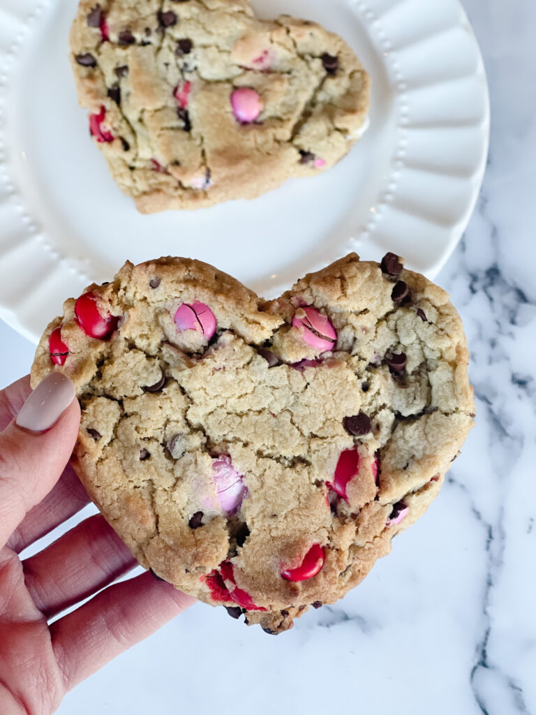 Heart-shaped M&M Chocolate Chip Cookies