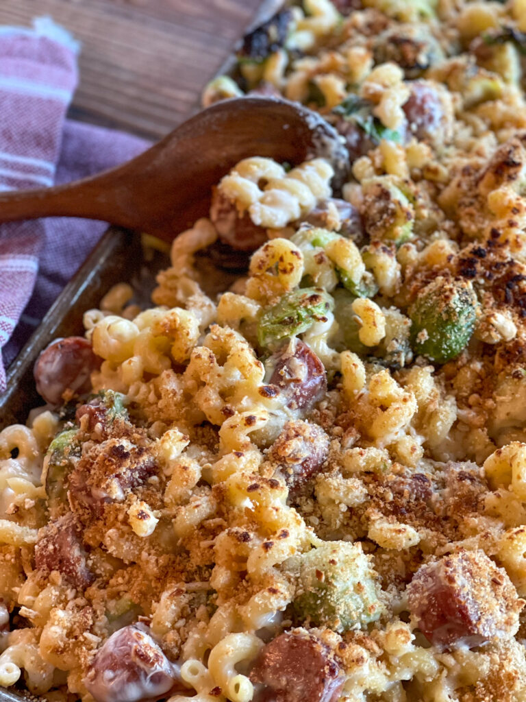 Sheet Pan Macaroni and Cheese with Chicken Sausage and Brussel Sprouts