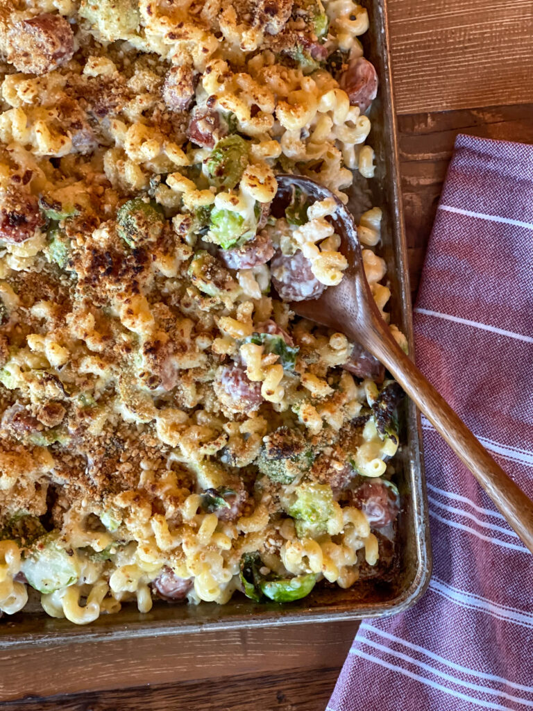 Sheet Pan Macaroni and Cheese with Chicken Sausage and Brussel Sprouts