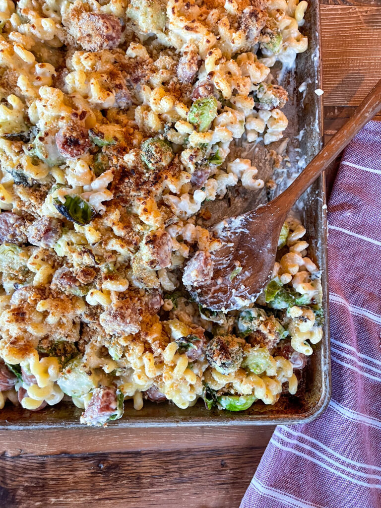 Sheet Pan Macaroni and Cheese with Chicken Sausage and Brussel Sprouts